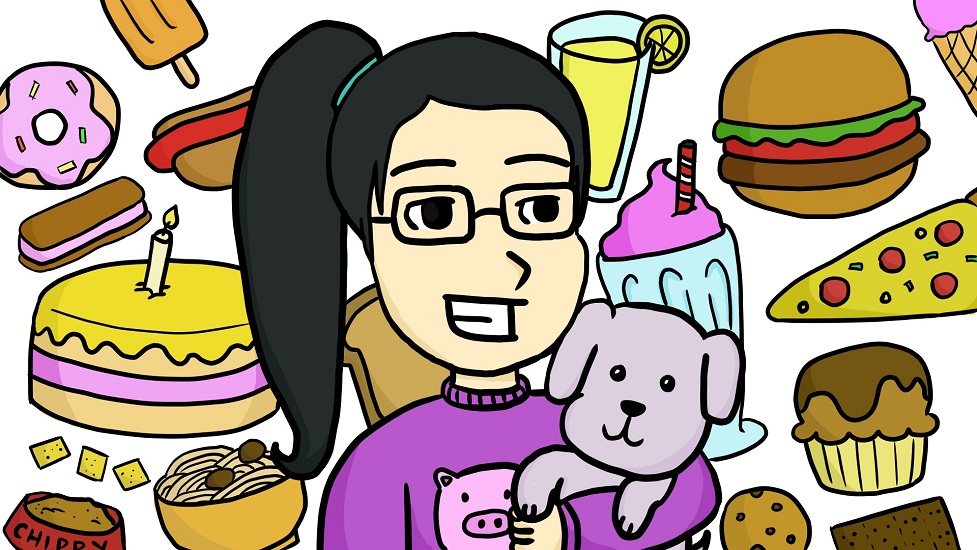 a drawing of a girl with a dog and food